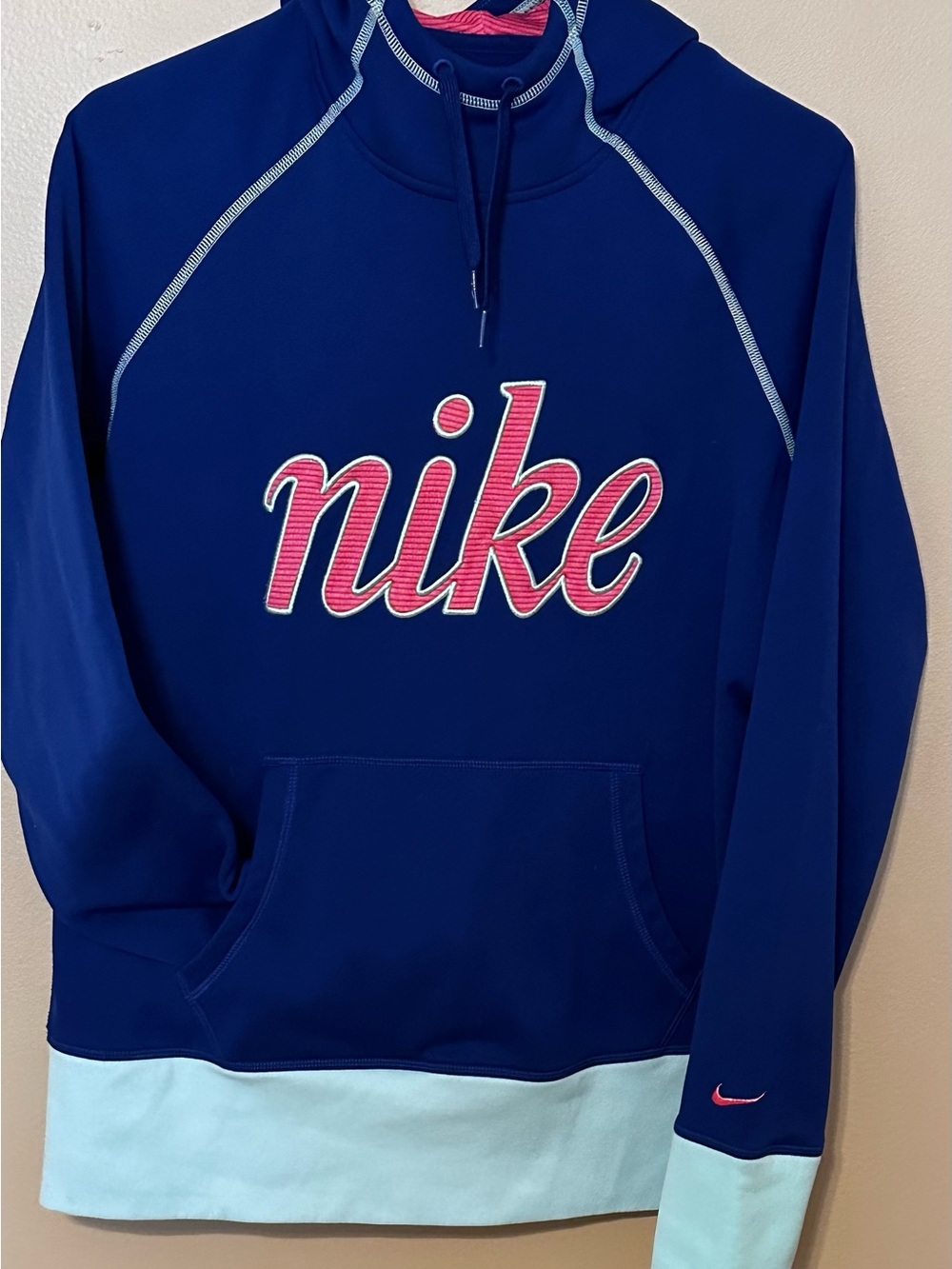 Nike Dri-Fit Retro Hooded sweatshirt Blue Pink Spell Out Womens M